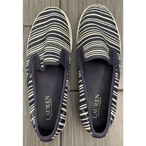 Lauren Ralph Lauren Janis Womens 7.5B Fashion Slip-On Shoes Navy Blue Tan Stripe